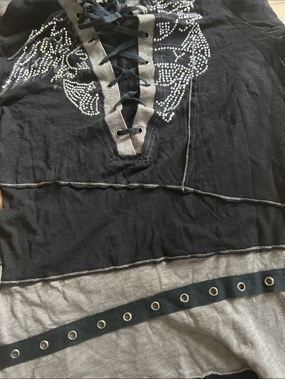 Y2K Mürmür Rhinestone Grommet Color Block Lace Up Hooded Top Grunge Goth S - Picture 13 of 14